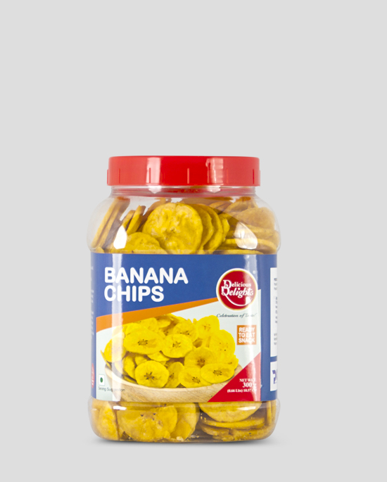 Delights, Banana Chips, 300g Produktbeschreibung Ready to Eat Snacks. Knusprige Banana Chips aus Indien.