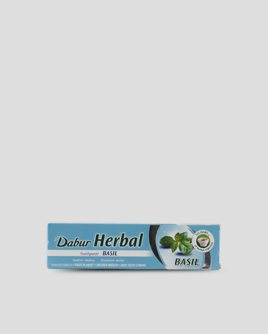 Dabur, Herbal Toothpaste, 155g Produktbeschreibung Die vegetarische Dabur Herbal Zahnpasta mit Basilikum sorgt für starke gesunde Zähne & Zahnfleisch. Hilft auf natürliche Weise das Zahnfleisch zu beruhigen und die Zähne zu kräftigen. Sorgt für frischen Atem.