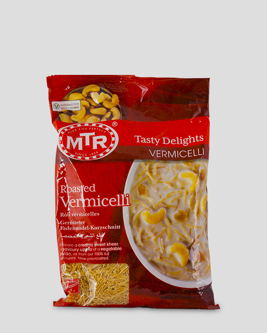 MTR Roasted Vermicelli 440gg Produktbeschreibung gerösteter Weizengrieß - MTR Roasted Vermicelli is a traditional delicacy and is extruded from Hard Wheat Flour and roasted to the desired taste. It can be boiled with milk and sugar or cream to make desserts of different traditional taste. Roasted MTR Vermicelli makes the authentic never-ending temptation that vermicelli can be.
