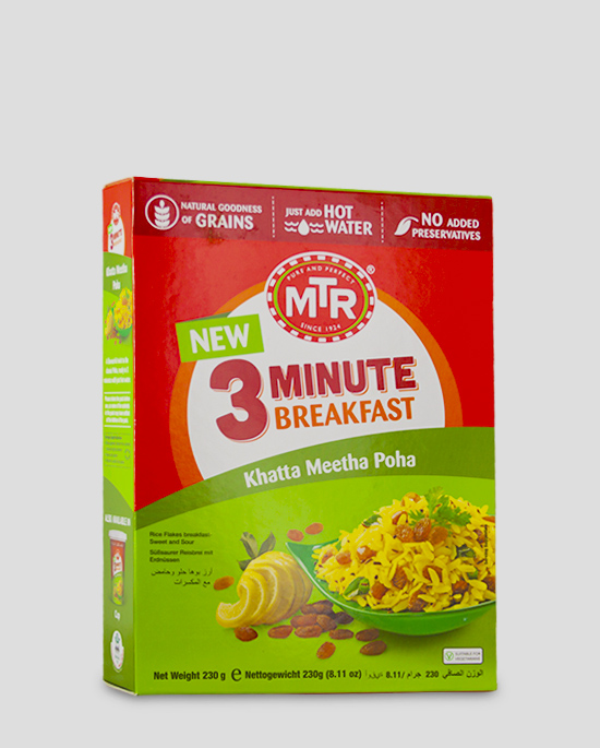 MTR 3 Minute Khatta Meetha Poha 230g Produktbeschreibung A flavourful twist to the classic Poha, ready in 3 minutes with just hot water.