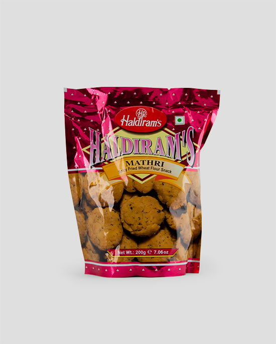 Haldiram's, Mathri, 200g Produktbeschreibung Namkeen Spicy Fried Wheat Flour Snack. Würzig frittierte Weizen Snacks.