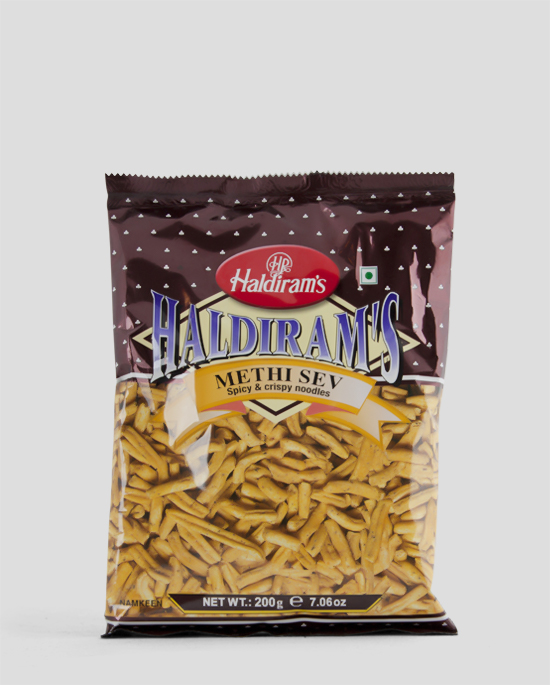 Haldiram's, Methi Sev, 200g Produktbeschreibung Namkeen Spicy & Crispy Noodles, Würzig & Knusprige Nudeln
